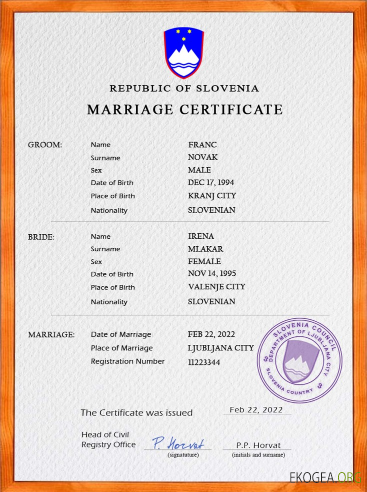 Modèle PSD de certificat de mariage de Slovénie